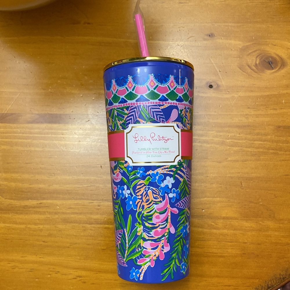 Lilly Pulitzer Blue and Pink Tumbler with Straw